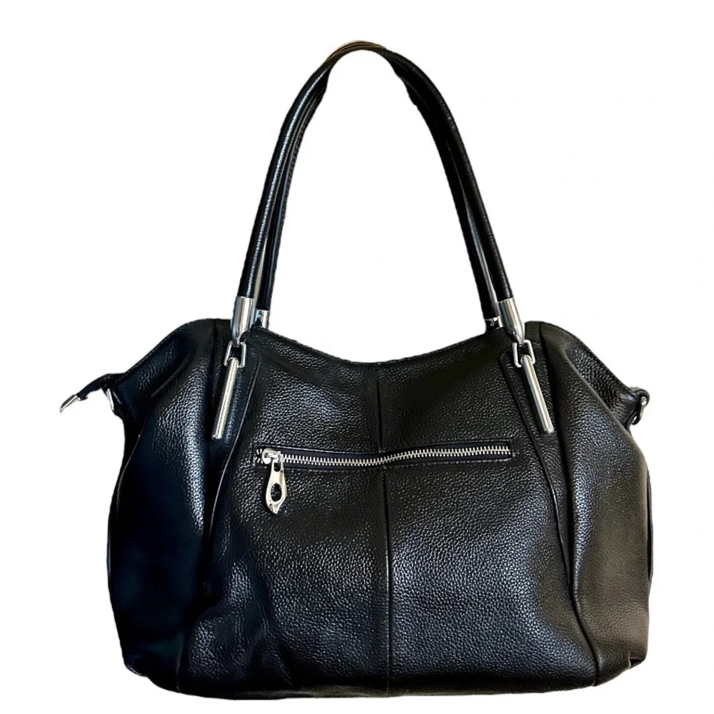HESHE,Black Casual, Leather Hobo Hand/Shoulder Bag With High Quality Silver Trim